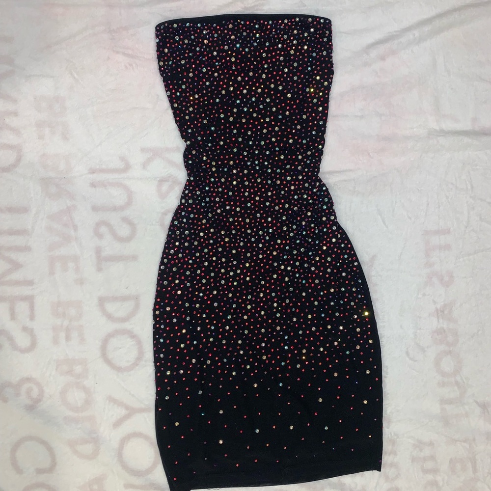 black multicolored rhinestone mini dress strapless , by brand banjul